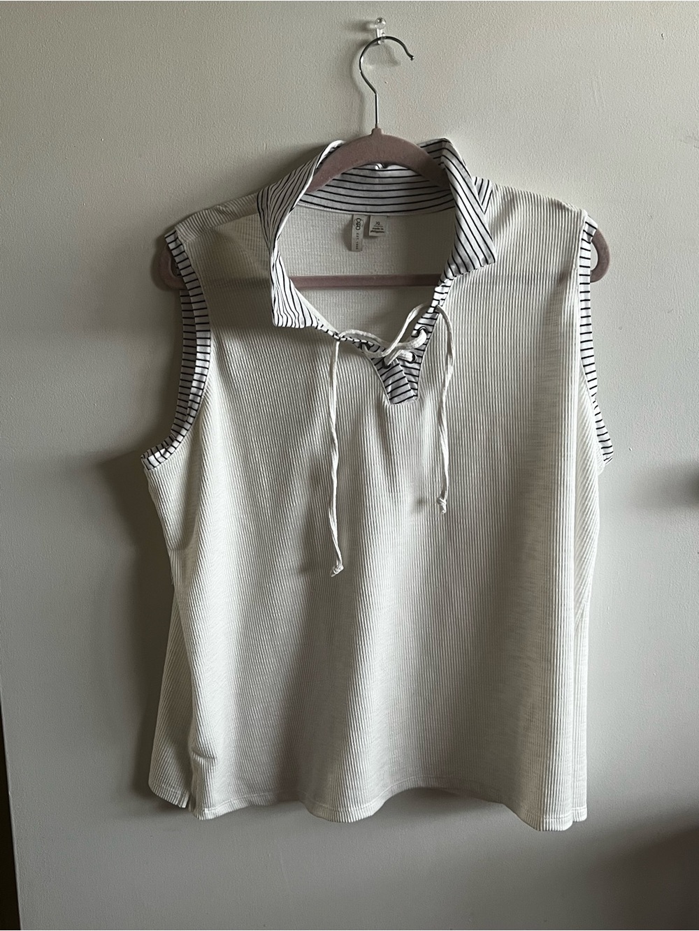 Cato White Sleeveless Polo Tank with Blue Striped Trim
